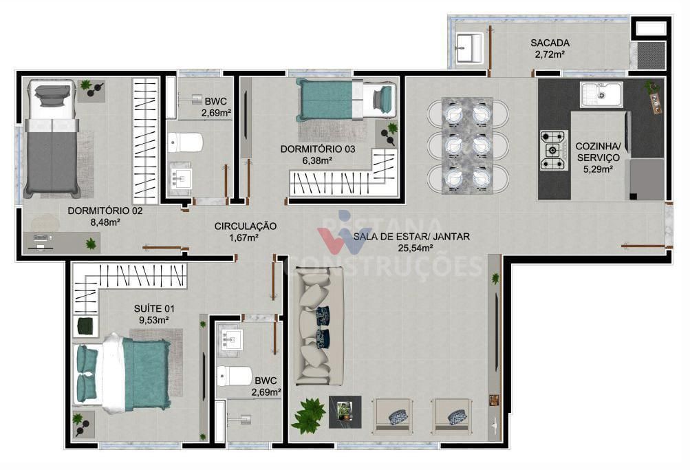 Apartamento 3 Quartos com Suíte e Sacada com Churrasqueira no ...