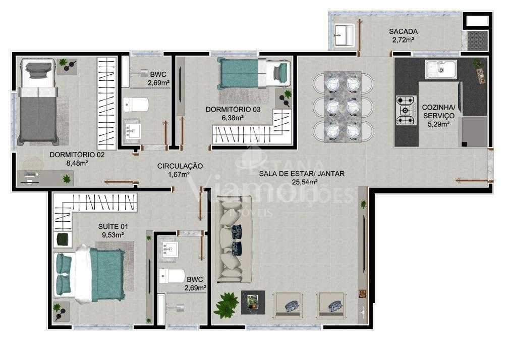 Apartamento 3 Quartos com Suíte e Sacada com Churrasqueira no ...