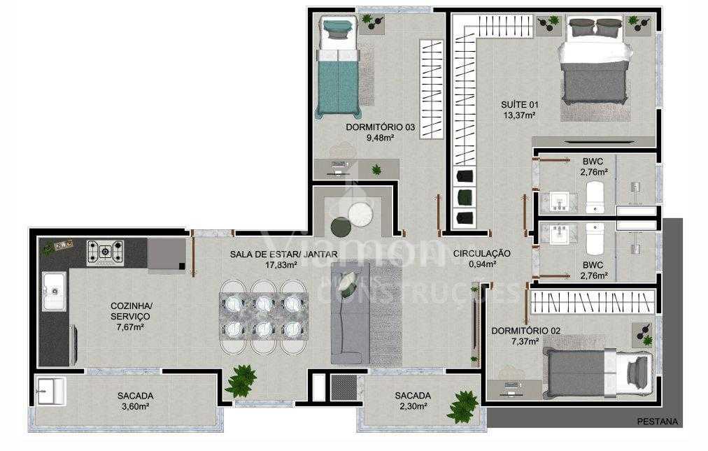 Apartamento 3 Quartos com Suíte e Sacada com Churrasqueira no ...