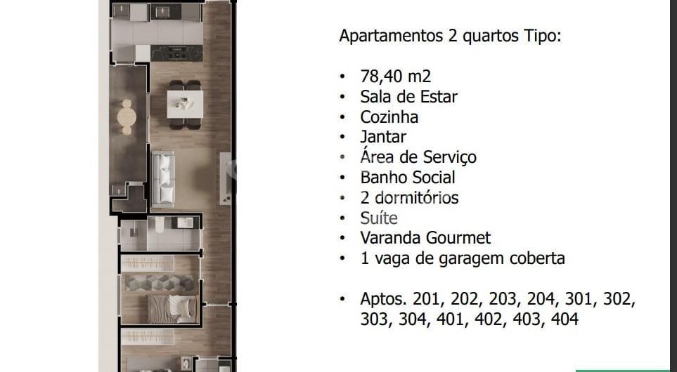 Apartamento 2 quartos, sendo um suíte, 1 vaga de garagem coberta